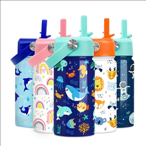 Kids Water Bottle with Straw Lid - 12 Oz Insulated Stainless Steel Heart Water Bottles for Toddlers